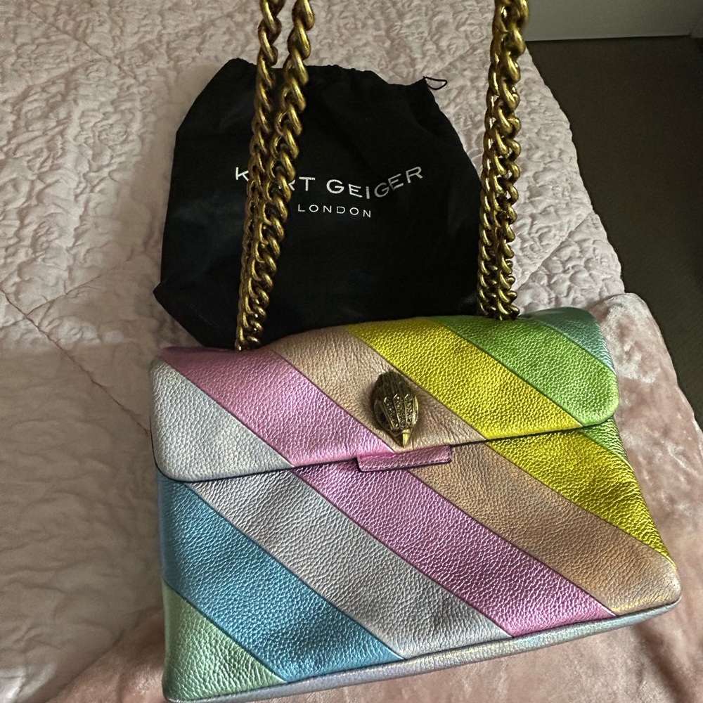 Kurt Geiger Pink and Blue Shoulder Bag with Gold Chain